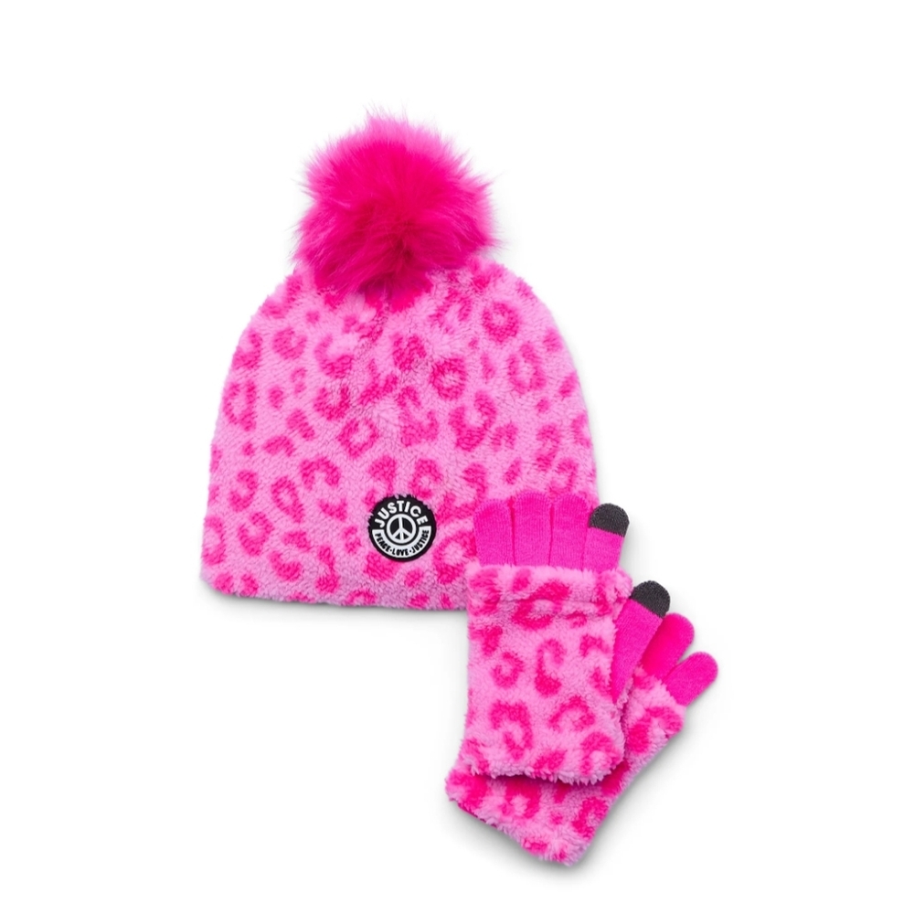 Justice Girls Leopard Print Faux Shearling Beanie and Gloves 2-Piece Set NWT